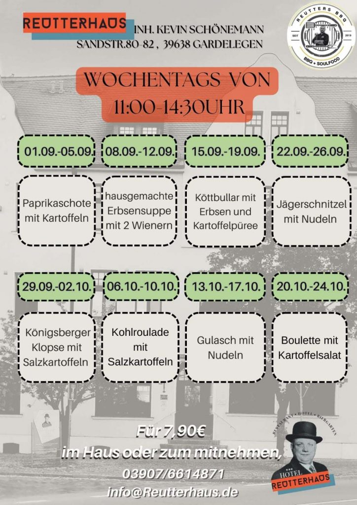 Mittagskarte Reutterhaus Gardelegen