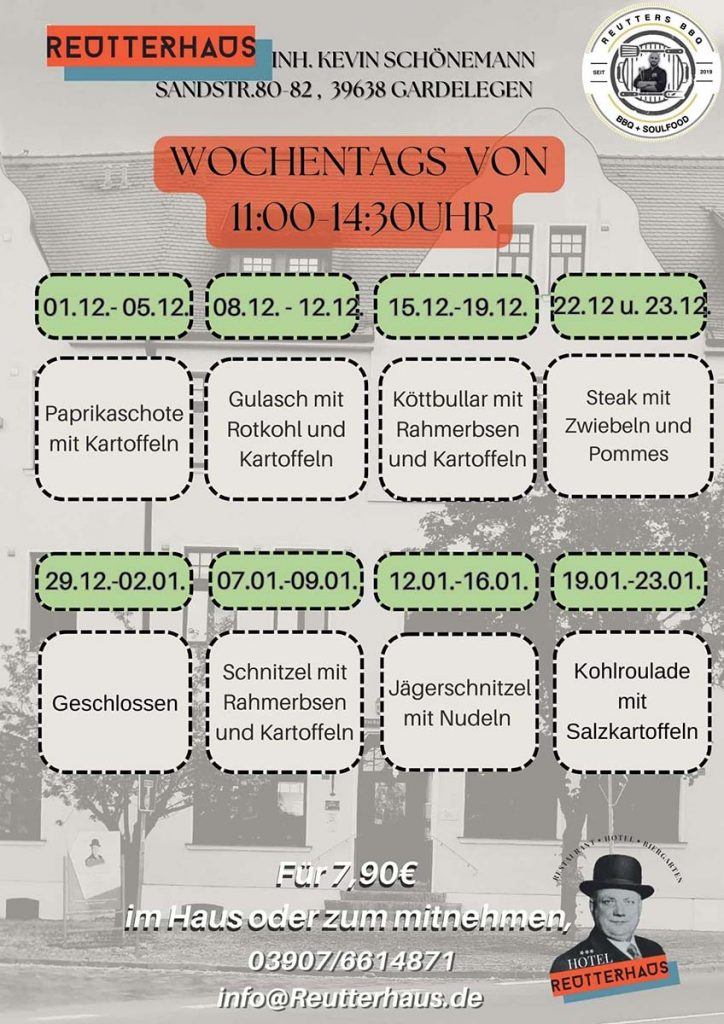 Mittagskarte Dezember im Reutterhaus Gardelegen