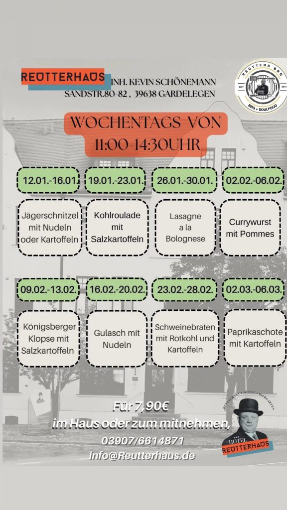 Mittagskarte Januar-März im Reutterhaus Gardelegen